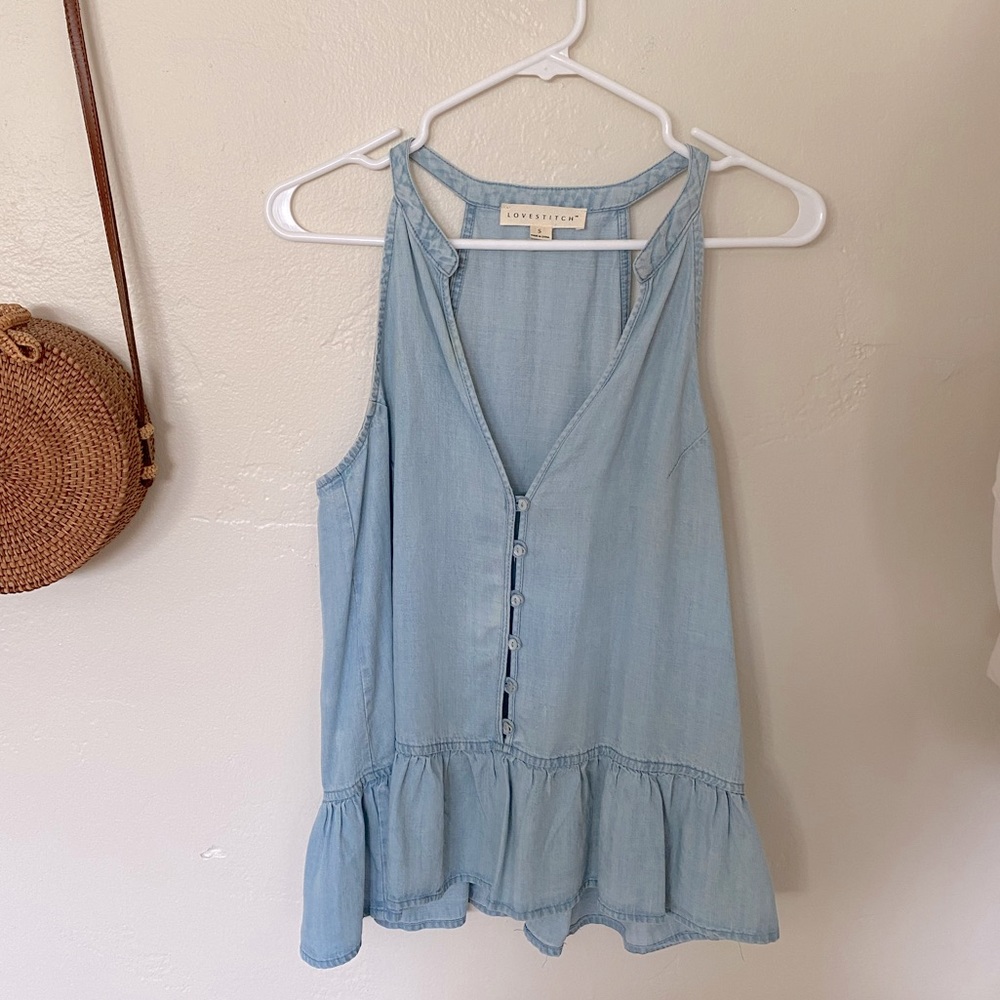 Chambray tank button front with ruffle hem